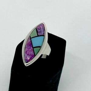 Vtg Sterling Turquoise Onyx Purple Mojave Wide Band Marquis Ring 8.75 | 925 DRT